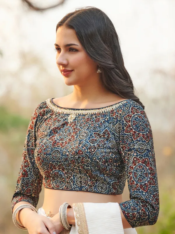 Blue hand block printed ajrakh cotton ready made blouse