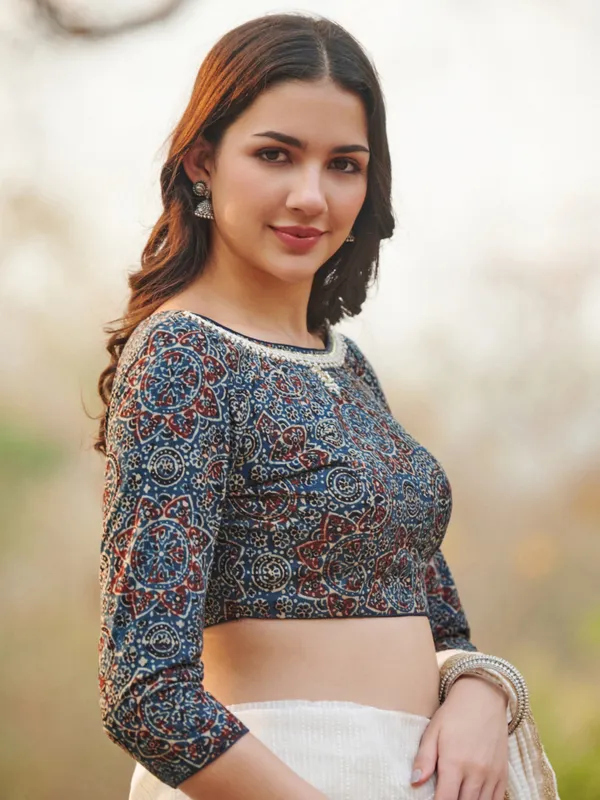 Blue hand block printed ajrakh cotton ready made blouse
