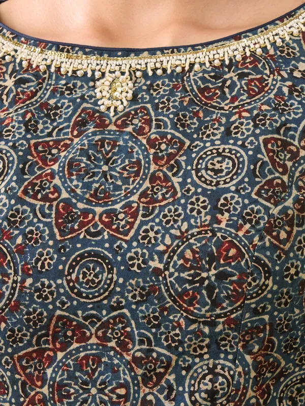 Blue hand block printed ajrakh cotton ready made blouse