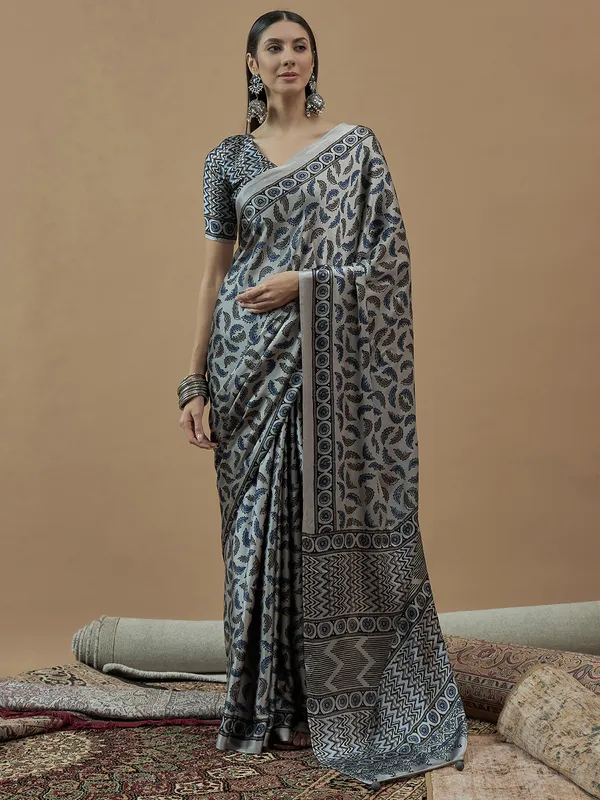 Blue japan satin saree with printed