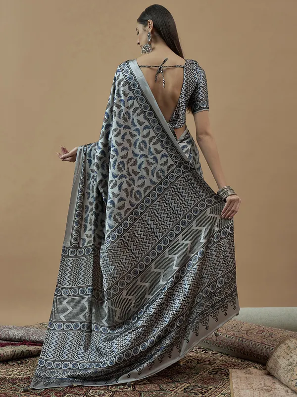 Blue japan satin saree with printed
