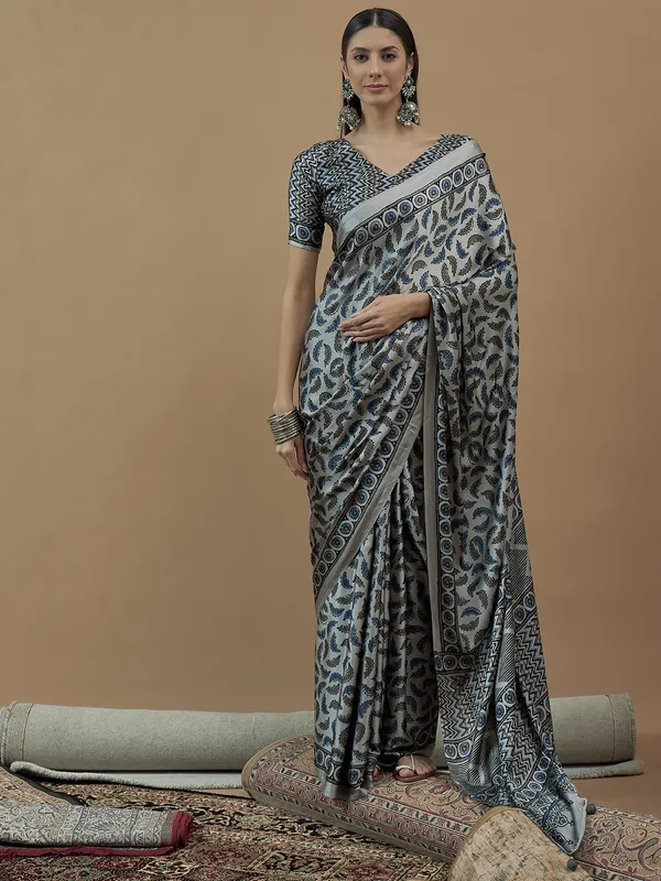 Blue japan satin saree with printed