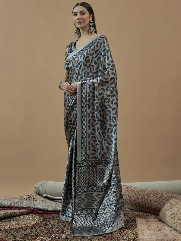 Blue japan satin saree with printed