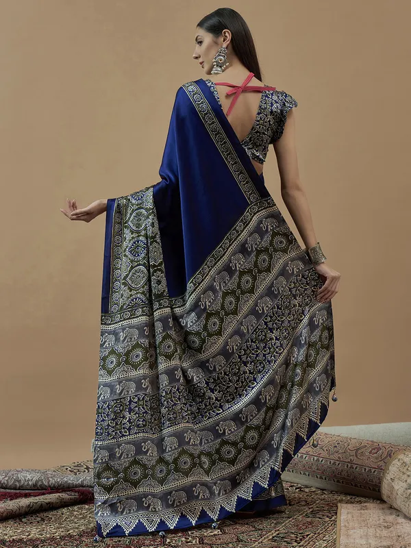 Blue japan satin saree with printed for festive wear