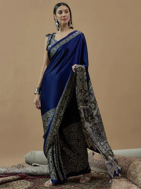 Blue japan satin saree with printed for festive wear