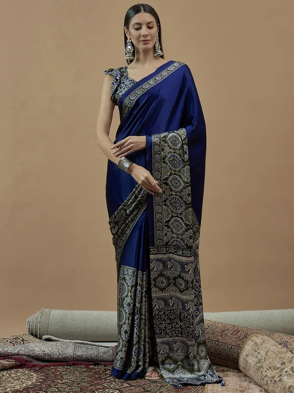 Blue japan satin saree with printed for festive wear