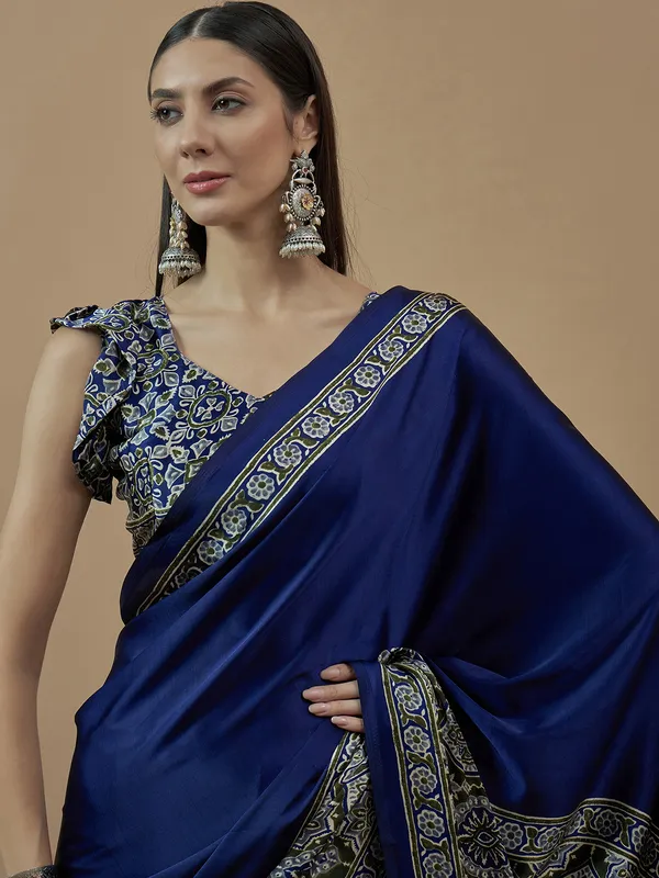 Blue japan satin saree with printed for festive wear