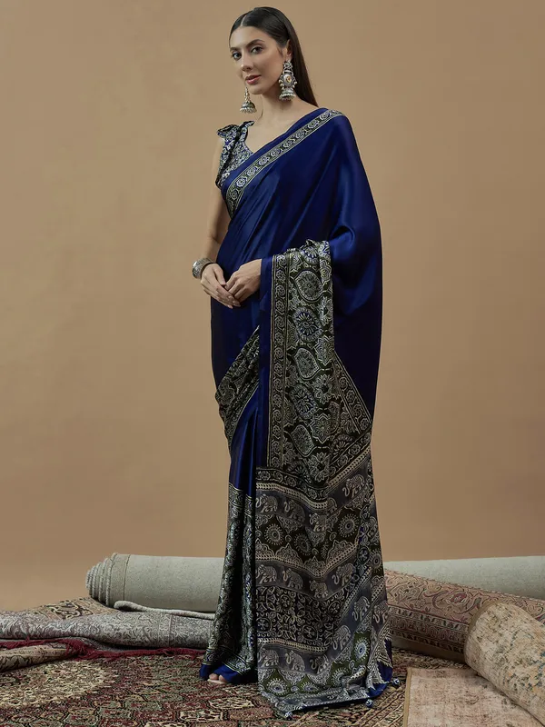 Blue japan satin saree with printed for festive wear