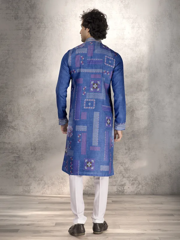 Blue linen cotton resham and sequins kurta suit