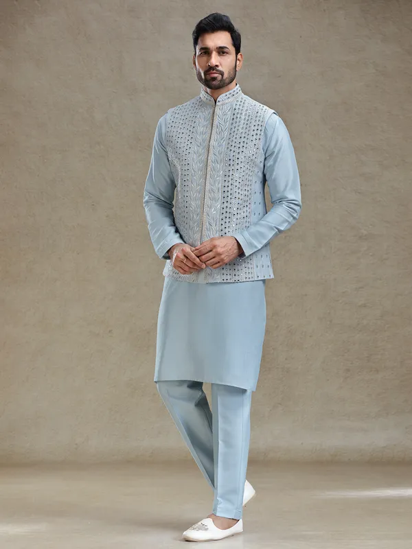 Blue linen silk mirror worked waistcoat set