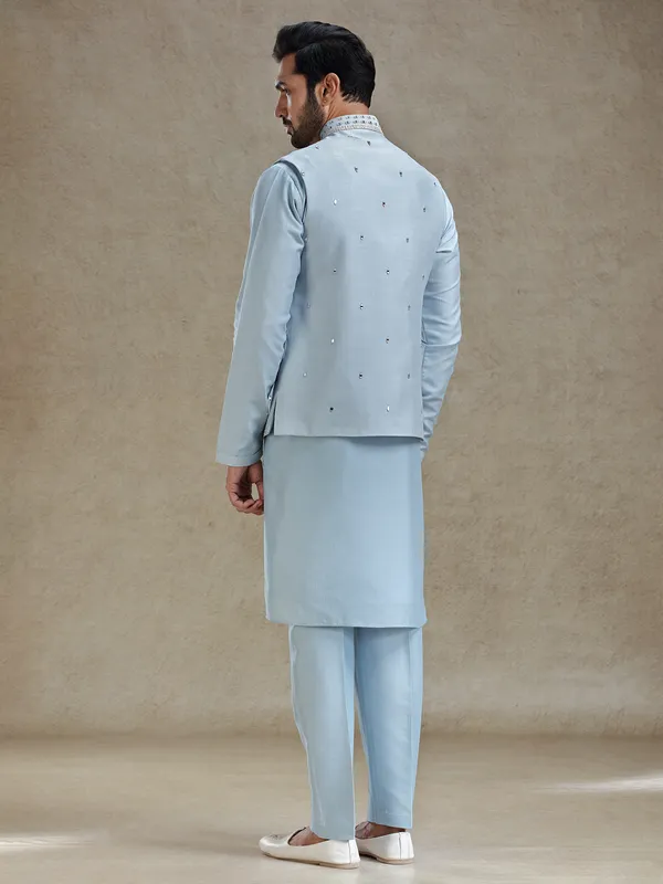 Blue linen silk mirror worked waistcoat set