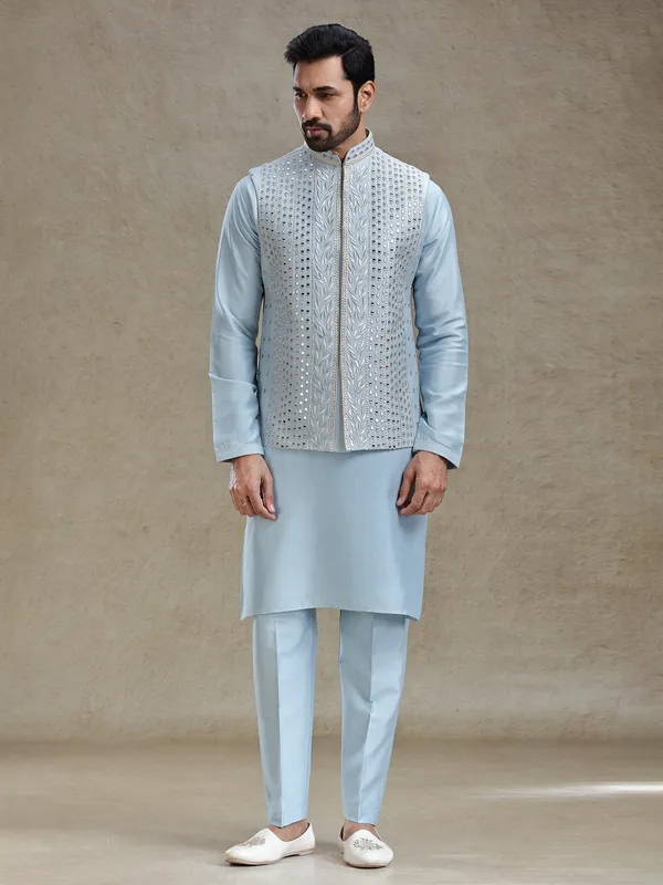 Blue linen silk mirror worked waistcoat set