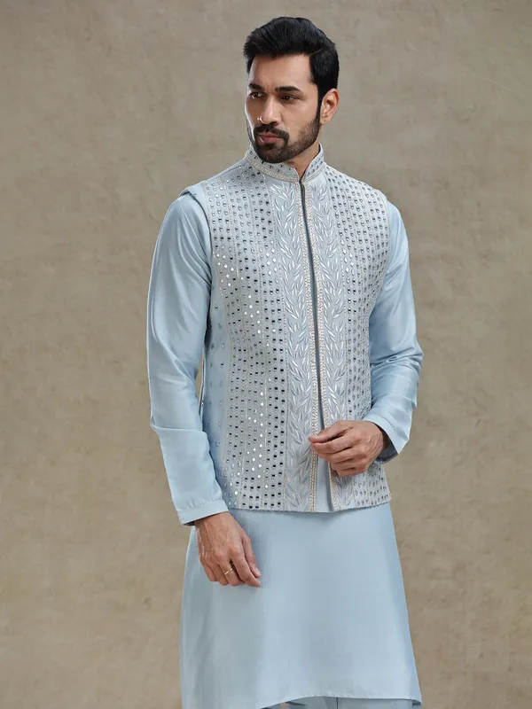 Blue linen silk mirror worked waistcoat set