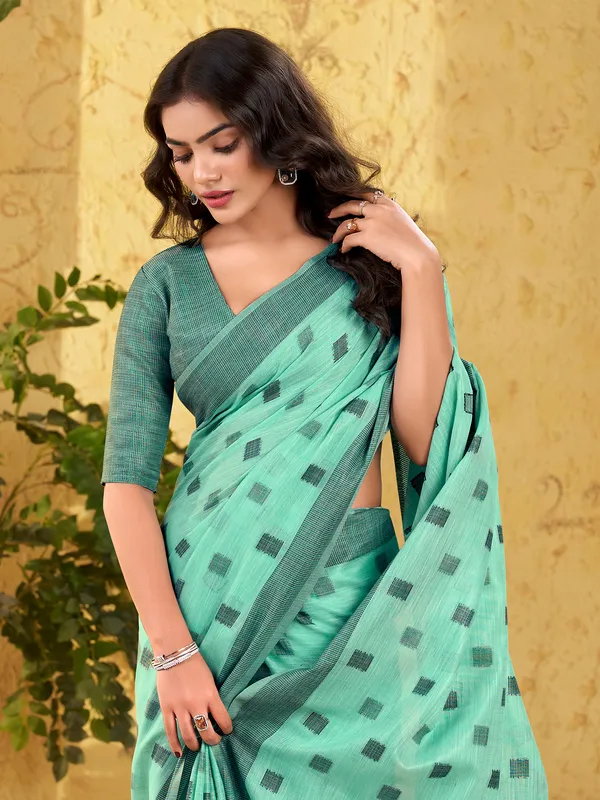 Blue linen silk woven work saree