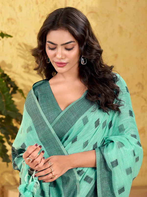 Blue linen silk woven work saree
