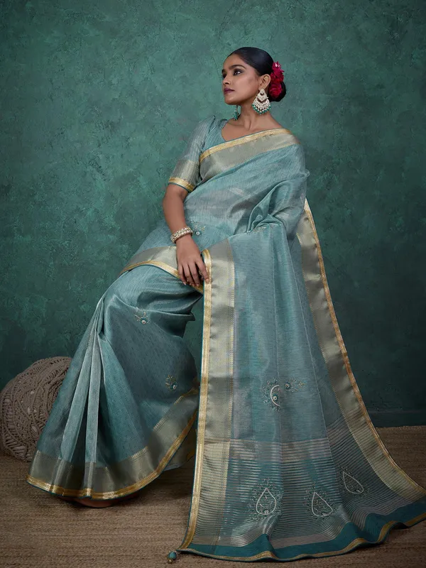 Blue linen tissue silk saree