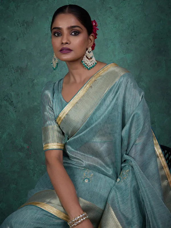 Blue linen tissue silk saree