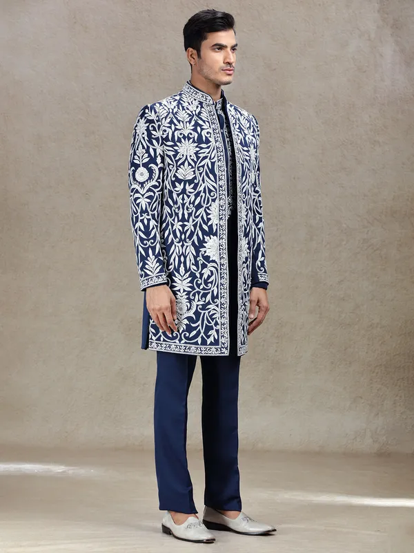 Blue long jacket style indo-western in rich work