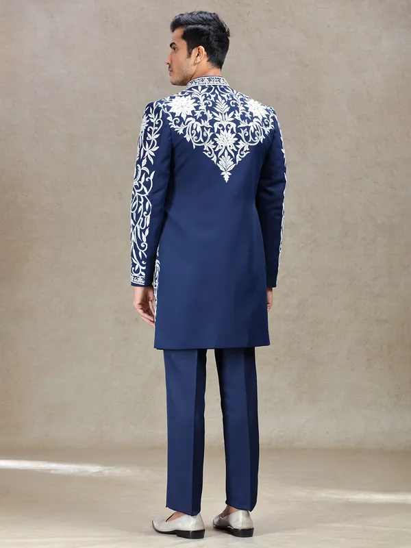 Blue long jacket style indo-western in rich work