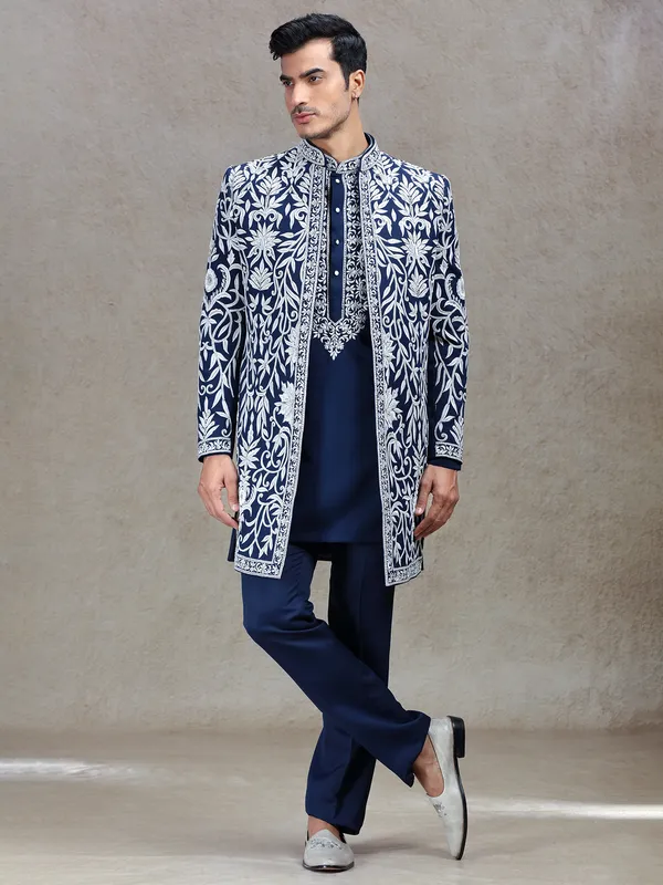 Blue long jacket style indo-western in rich work