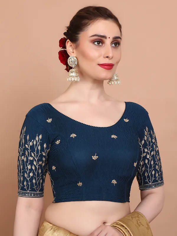 Blue lycra strechable embroidered ready made blouse