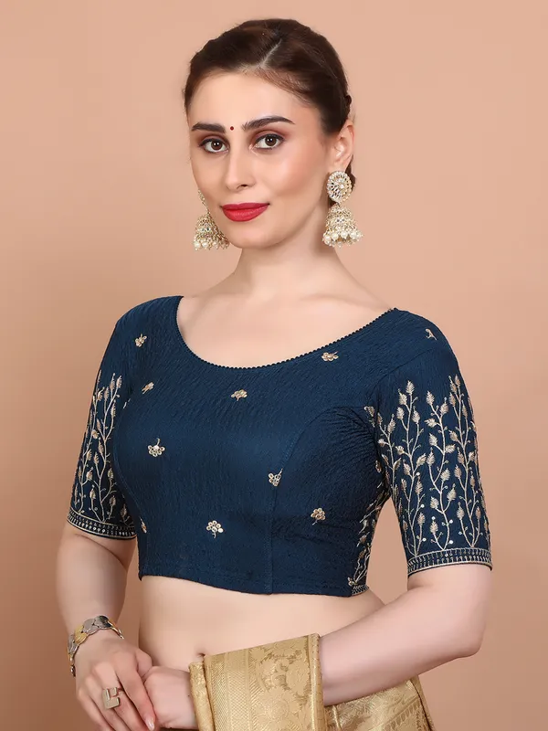 Blue lycra strechable embroidered ready made blouse