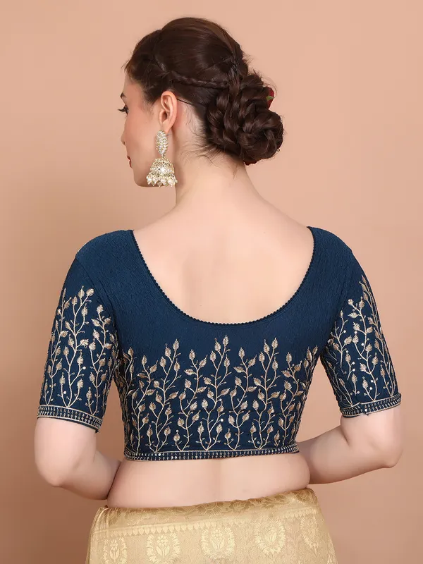 Blue lycra strechable embroidered ready made blouse