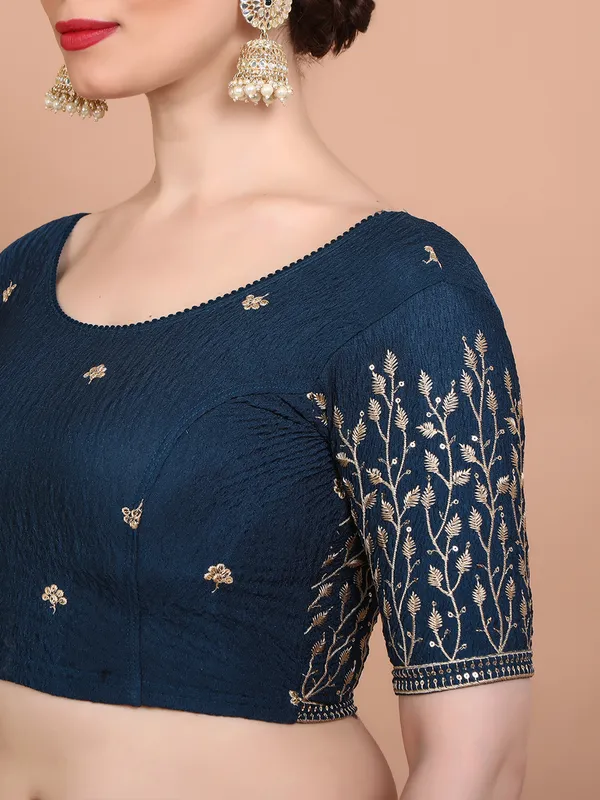 Blue lycra strechable embroidered ready made blouse