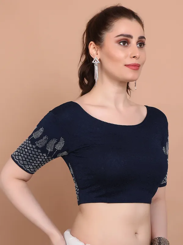 Blue lycra strechable ready made blouse with swarovksi