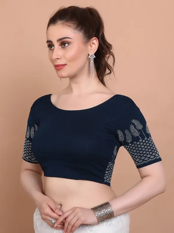 Blue lycra strechable ready made blouse with swarovksi