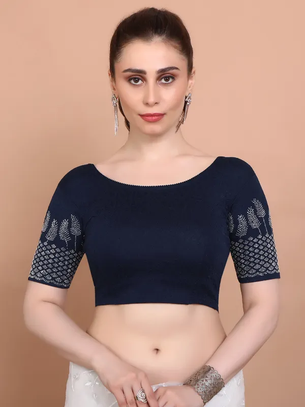 Blue lycra strechable ready made blouse with swarovksi