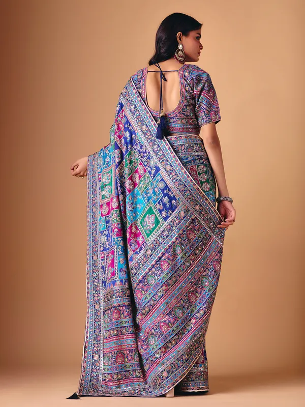 Blue modal silk colorful motif embellished saree