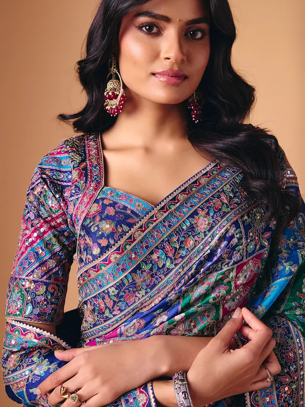 Blue modal silk colorful motif embellished saree