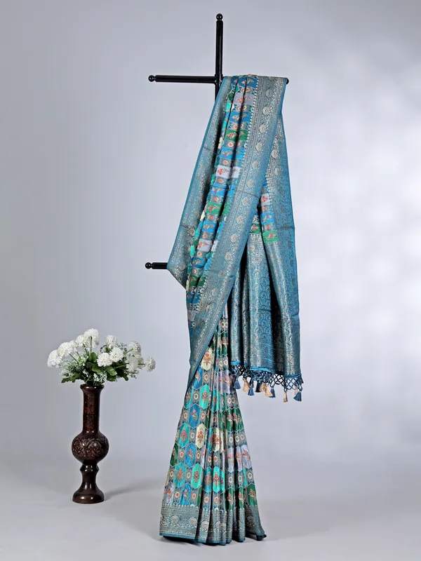 Blue modal silk saree with contrast border