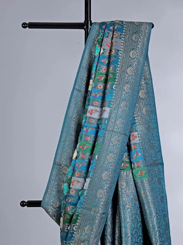 Blue modal silk saree with contrast border