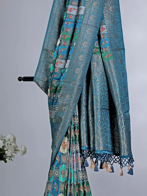 Blue modal silk saree with contrast border