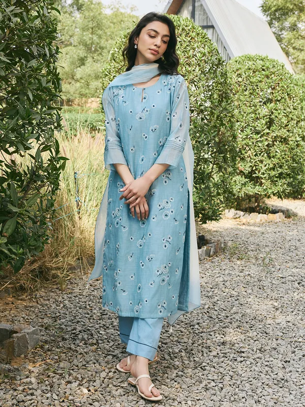 Blue muslin cotton festive wear salwar suit