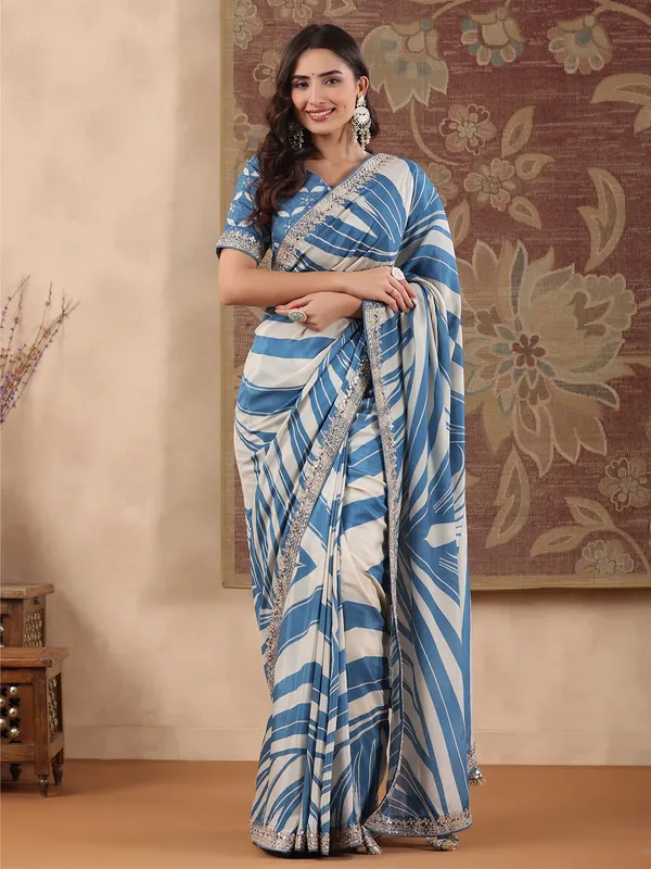 Blue muslin printed saree for festive