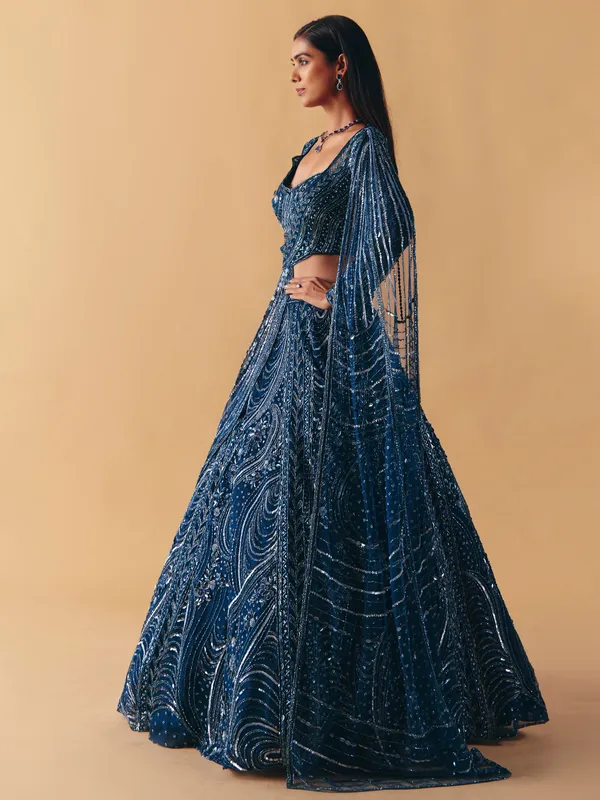 Blue net designer lehenga choli with diamond detailing