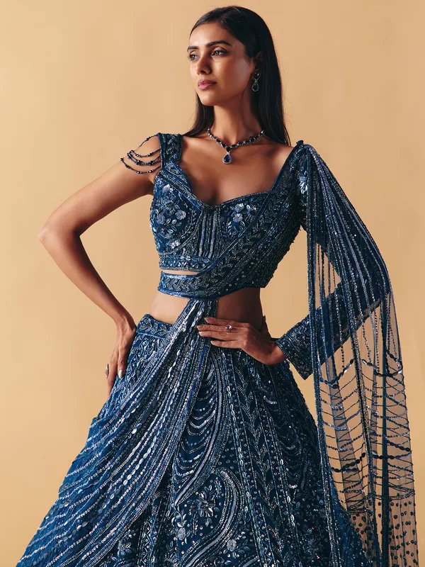 Blue net designer lehenga choli with diamond detailing