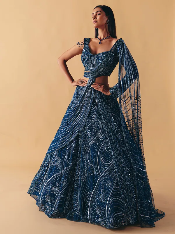 Blue net designer lehenga choli with diamond detailing