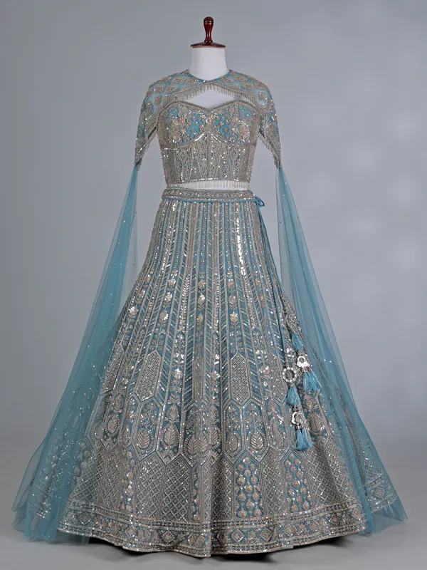 Blue net designer lehenga choli with sequins work