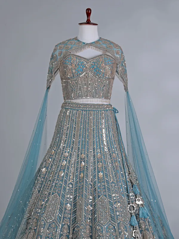Blue net designer lehenga choli with sequins work
