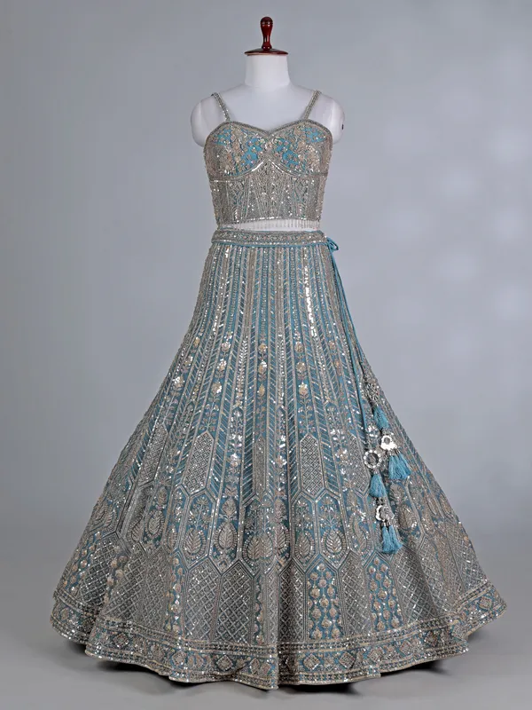 Blue net designer lehenga choli with sequins work