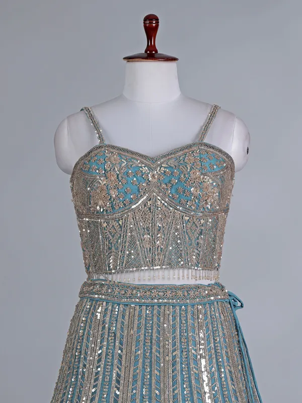 Blue net designer lehenga choli with sequins work