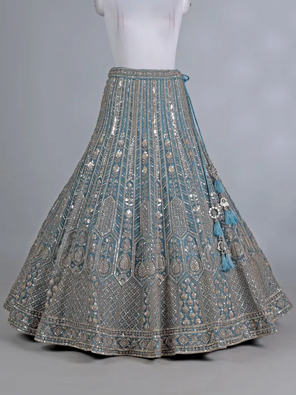 Blue net designer lehenga choli with sequins work
