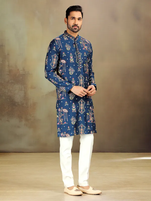 Blue nova silk kurta with embroidery charm
