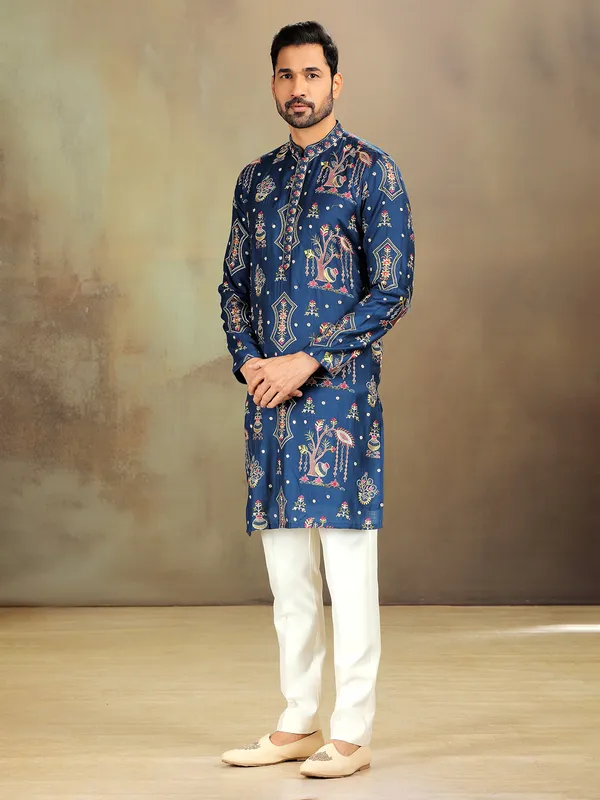 Blue nova silk kurta with embroidery charm