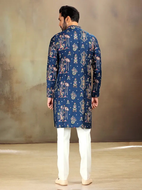 Blue nova silk kurta with embroidery charm