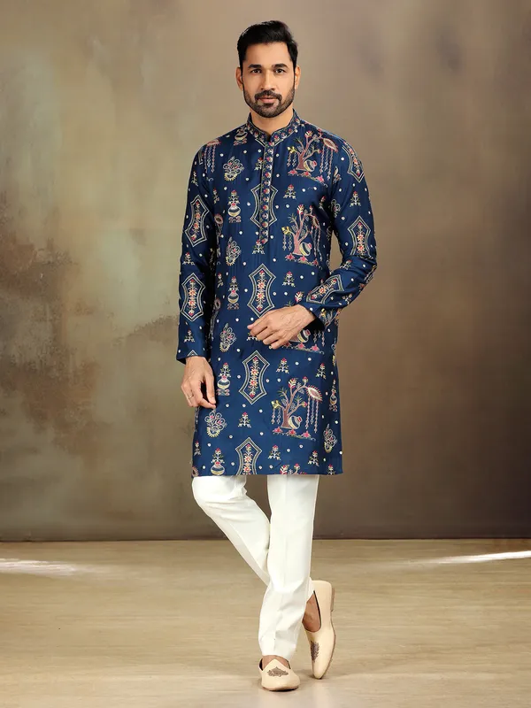 Blue nova silk kurta with embroidery charm